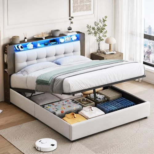 BRILVERDE Polsterbett 140x200 mit Stauraum unter Bett, Doppelbett mit LED und Drahtloses Laden, Stauraumbett, Jugendbett mit Stauraum kopfteil, Bettgestell mit Lattenrost, Samt (Beige, 140 x 200 cm)