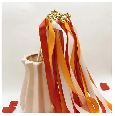 YXINAER Wedding Wands with Bell 50 Stück wirbelnde Bandstäbe for Hochzeiten mit Glöckchen, Rasendekor & Geburtstagsparty-Zubehör(Orange)