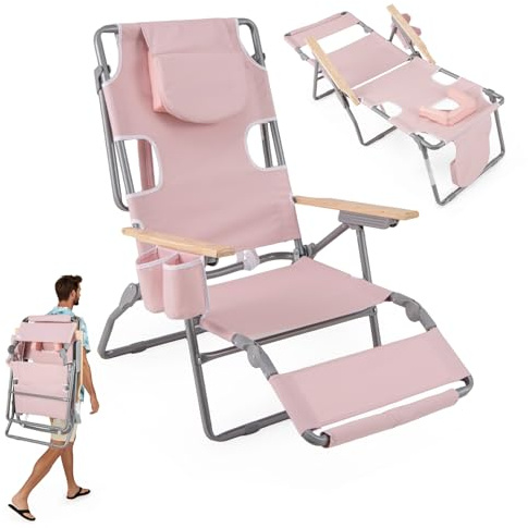 COSTWAY Tumbona Jardin Exterior Plegable, Tumbona Reclinable de Resplado de 4 Posiciones, Reposapiés 2 Posiciones, Agujero para Cara, Espreguiçadeira Jardim Piscina Playa (Beige)