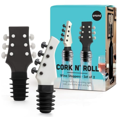 OTOTO Cork n' Roll Wine Stoppers – Set of 2, Bass & Guitar Shaped, Fun and Functional Wine Bottle Corks