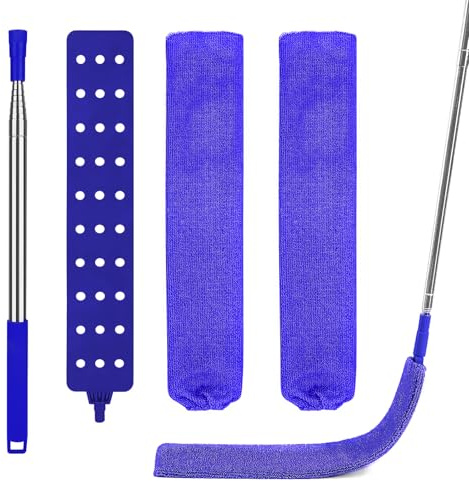 Fogray Gap Dust Cleaner, Skinny Gaps Cleaning Duster, 1 Long Handle Extension Pole and 2 Microfiber Dusting Cloths, Retractable Flat Dusters Tool for Under Furniture Bedroom, Tight Spaces(Blue)