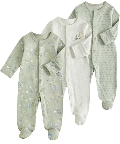 JiAmy Sparkdräkt, 3-pack, nyfödd bomull, långärmad overall med fötter, jumpsuit, kläder för baby, pojke, flicka, 0–12 månader, Grön saurier, 0-3 månader