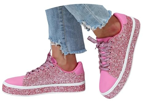 Nuqqichongtian Stivali con glitter da donna, scarpe da tennis, comode sneakers da sposa, leggere con paillettes metalliche, scarpe da corsa da donna con plateau traspiranti, con lacci e strass