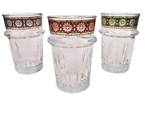 Générique Verres à Thé Style Marocain, Verre Transparent avec Décoration Dorée et Colorée, Lot de 12