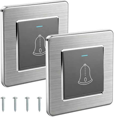 HUBa Confezione da 2 Pulsanti per Campanello, 86 mm x 86 mm, Interruttore Campanello con Viti, Interruttore per Campanello Esterno, 110-250 V, Montaggio a Incasso (Grigio)