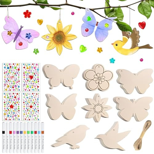 CUEMOON 57 Stück Holz Bastelsets, Basteln Schmetterling Blume Vogel Holzanhänger zum Bemalen, Wasserdicht, Geburtstag Deko, DIY Kreativsets mit Aquarellstift Edelsteinaufkleber