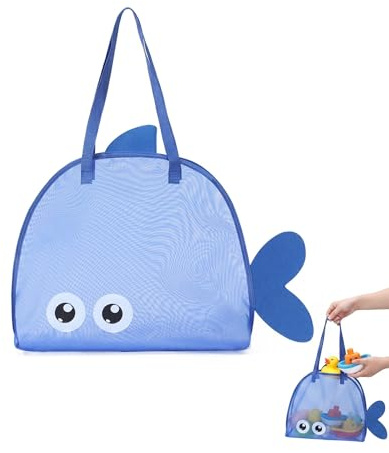 Sandspielzeug tasche, Strandspielzeug Tasche Groß Netztasche für Strandspielzeug Kinder, Wasserspielzeug, Faltbare Aufbewahrungstasche für Sandkasten Spielplatz Schwimmbad Urlaub, Blau