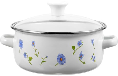 Outanaya 1.5l Pink Enamel Double-Handle Cooking Pot with Glass Lid, Fast-Heat Conduction Stockpot for Cooking Porridge and Ramen, Retro Style Flat Bottom Wear-Resistant Kitchen Soup Pot