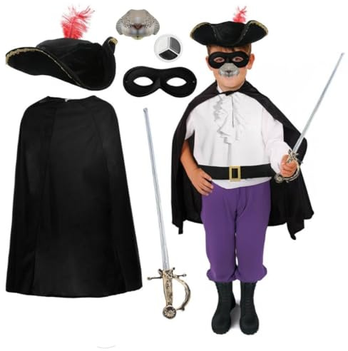 Highway Man Childrens Costume With Black Cape And Sword + Black White And Grey Facepaint Kids Fancy Dress Wbd World Book Day Kit 4Pc Set And Kit