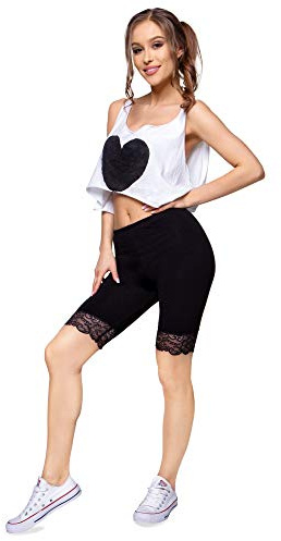 FUTURO FASHION Womens New Summer Cropped Leggings with Floral Lace Solid Cotton Capri Pants LKL Black