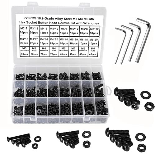 FandWay M3 M4 M5 M6 Schrauben Set,720 Stück Linsenkopf Schrauben mit Innensechskant Gewindeschrauben,Schwarz Sechskantschrauben Maschinenschrauben Muttern und Unterlegscheiben mit 4 Schlüssel.