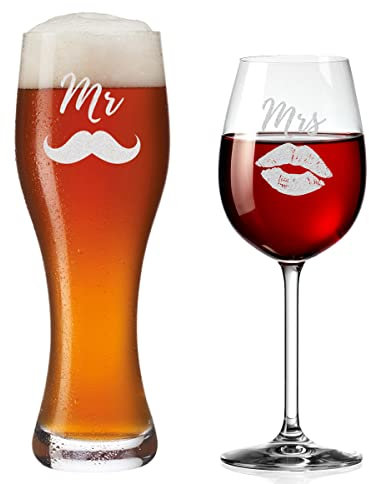polar-effekt Weizenglas und Weinglas 2er-Set mit Wunschmotiv - dauerhafte Gravur - spühlmaschinengeeignet - Weinglas und Weißbierglas - Hochzeit - Jahrestag - Geschenk - Motiv Schnurrbart und Kuss