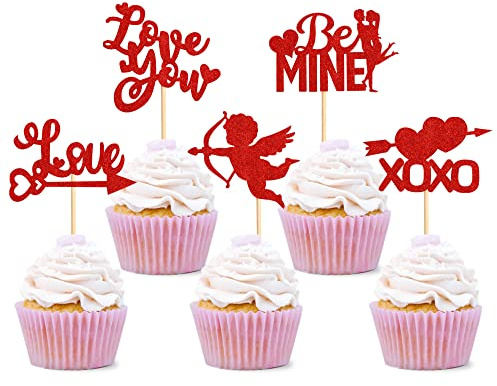 Unimall Global 30 Stück Glitzer Valentinstag Cupcake Topper Liebe Herz Kuss Cupcake Topper Picks für Valentinstag Liebhaber Party Jahrestag Party Hochzeit Dekoration Zubehör