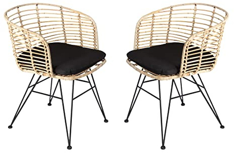 SAM 2er Set Rattanstuhl Nairobi, Farbe Natur, inklusive Sitzkissen | Korbstuhl mit Metallfüßen, Geflechtstuhl/Eisenstuhl im Retro-Design, Esszimmerstuhl mit Armlehnen