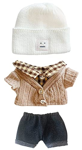 niannyyhouse 20 cm Plüsch-Puppe, Kleidung, Hut, Knopf, Denim, Flansch-Jeans, Puppen-Dressup (weiß + braun)