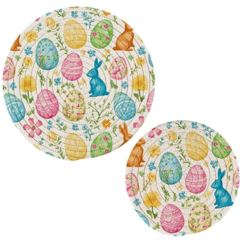 Boccsty Easter Eggs Bunnies Trivet Mat 2PCS Spring Flowers Round Woven Potholders Kitchen Table Countertop Protector Hot Pads Farmhouse Coasters Counter Mats for Cooking Baking