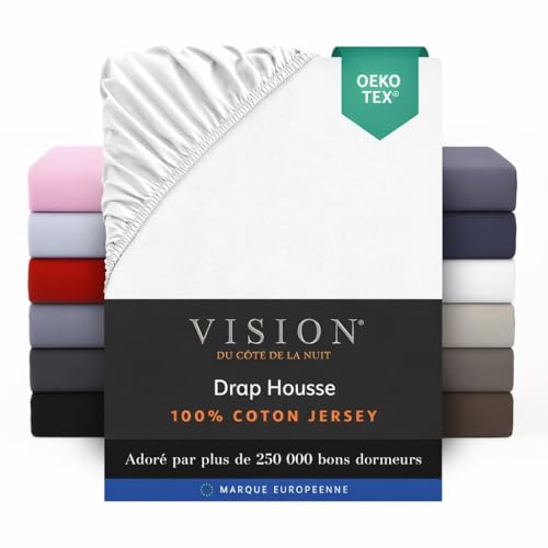 Vision - Lenzuolo con angoli elasticizzati in jersey (180 x 200 cm), colore bianco - 100% cotone Jersey - Elastico tutto intorno - Fodera per testiera di 30 cm