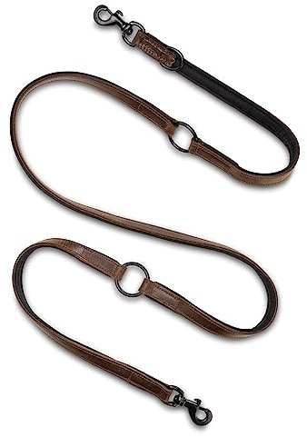 Hundeleine Leder 2,0m Premium Hunde Leine aus Büffel-Leder und Neopren | Schwarze Edelstahl-Karabiner | Hunde Führleine mehrfach verstellbar - Tamy (Dunkel-Braun)