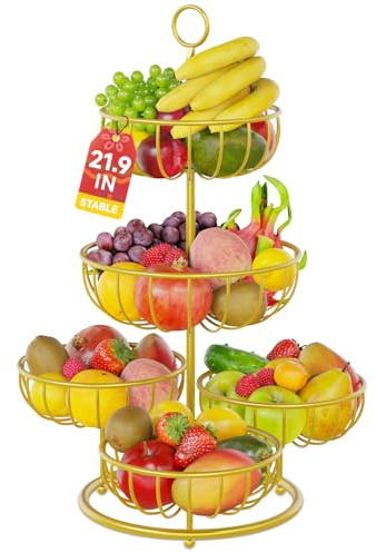 PouHenier.jh 5 Tier Fruit Basket Rack Stand, Kitchen Counter Metal Wire Tiered Produce Storage Bowl Holder for Dining Table, Stable Countertop Vegetable Display Centerpiece, No Screw Easy Setup, Gold