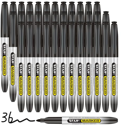 SFAIH Black Permanent Markers Bulk - 36 Pack, 1s Quick Dry, Non-Fading, Fine Point Permanent Pens for Plastic Glass Metal Wood Paper Stone, Office Classroom Kitchen, Doodling, Marking, Waterproof