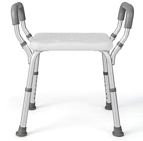 HOMASIS Höhenverstellbarer Duschhocker, 100kg Tragkraft, gepolsterter Badehocker mit abnehmbaren Armlehnen, Duschbank aus Aluminium, Duschstuhl mit rutschfesten Gummifüßen (Grau, 59x34x54-67cm)
