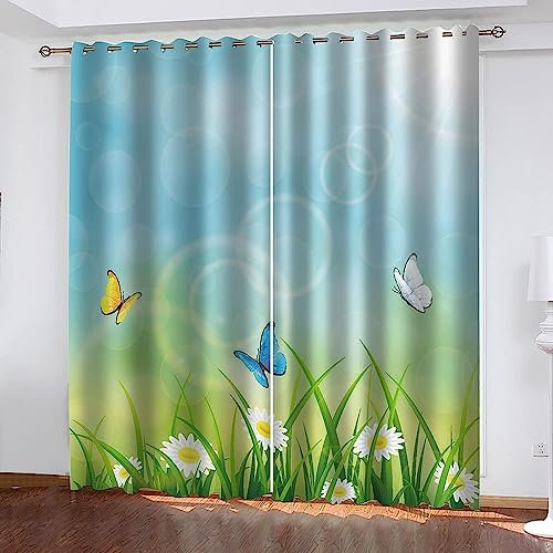 3D Verdunkelungsvorhang Ösen Schmetterling Auf Weißen Blumen,2Er Set Gardinen Wohnzimmer Gardinen Blickdicht Kinder Vorhänge Schlafzimmer Dekoschal