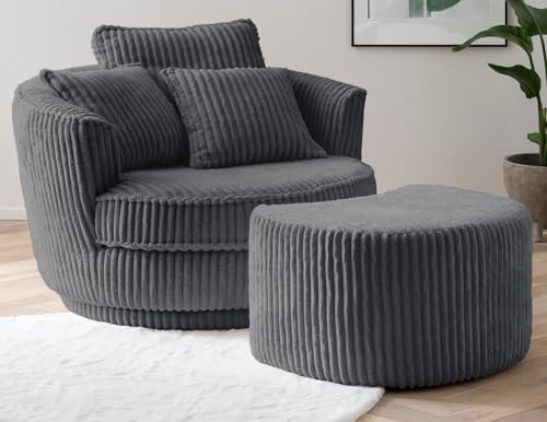 Furn.Design Sessel in grau Cord Stoff XL Drehsessel 360° drehbar inklusive 3 x Kissen Relaxsessel mit Fußhocker Comfy (Grau, Mit Hocker)