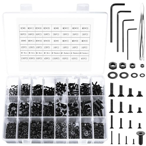 950 STK Flachkopfschrauben Muttern Unterlegscheiben Sortiment Kit, M2/M3/M4/M5 Innensechskantschrauben, Senkkopfschrauben mit Muttern Unterlegscheiben, Kohlenstoffstahl (Schwarz 950)