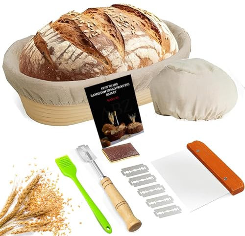 Banneton Proofing Basket – Oval Bread Proofing Set, 100% Natural Rattan Sourdough Basket with Baking Supplies, Bread Lame, Dough Scrapers, Linen Liner & Silicone Brush