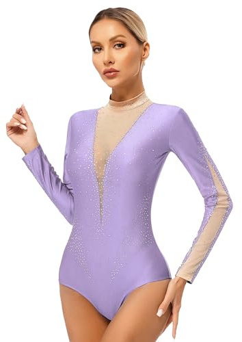 JEATHA Damen Glitzer Body Gymnastikbody mit Strass Langarm Turnbody Trikot Leotard Ballettbody Skating Tanz-Body für Gym Tanz Eiskunstlauf G Helles Lila S