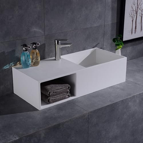 Lavabo de salle de bain en pierre artificielle avec trou de rangement, facile à nettoyer, résistant aux rayures, montage mural et évier au-dessus du comptoir pour hôtel, vanité, armoire de jardin (bla