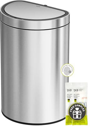 EKO Mirage Poubelle de cuisine semi-ronde à détecteur de mouvement, automatique de 47 litres, grande poubelle de cuisine avec compartiment désodorisant, couvercle amovible et seau, acier inoxydable