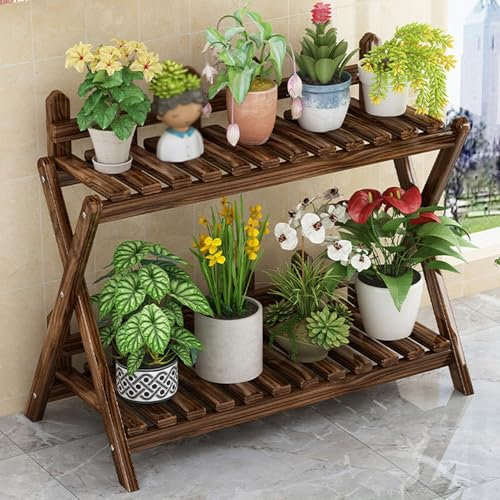 Soporte de madera para plantas de interior, estante de 2 niveles con diseño de escalera, soporte de esquina para flores de 25.6 pulgadas, para sala de estar, jardín, patio, mesa, soporte para macetas