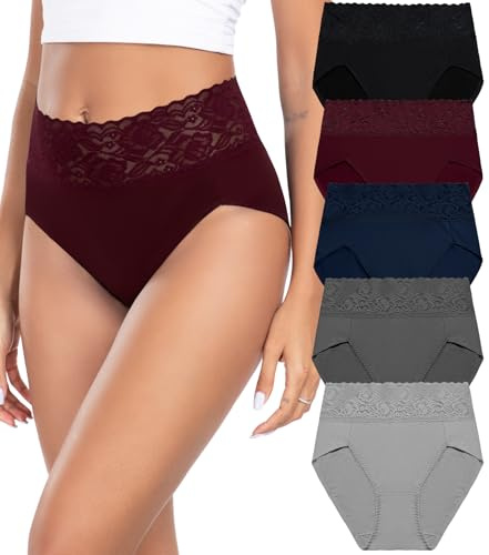 Wealurre Underbyxor, dam, underkläder, kvinnor, bomull, hög midja, trosor, damer, underkläder, spets, 5-pack, Mörk, XL