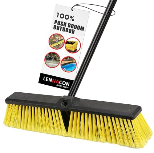 18in Push Broom Outdoor Heavy Duty, Snow Broom with Long Handle, Shop Broom Garage Push Broom for Garden, Patio, Garage, Bathroom, Kitchen, Tub, Carpet, Tile, Deck, Concrete, Industrial(Yellow)