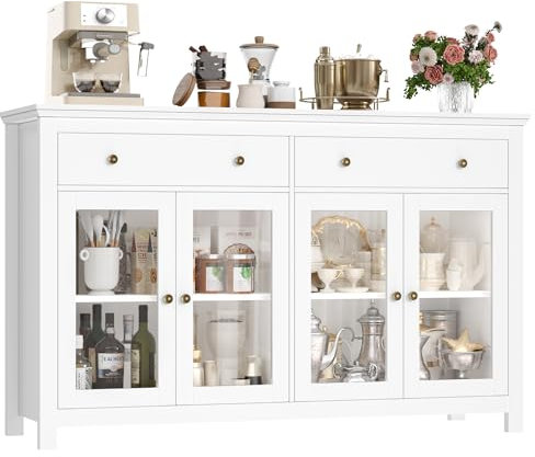 FirFurd Sideboard 140cm Breit Küchenschrank mit Arbeitsplatte Sideboard für Küche Wohnzimmer Buffetschrank mit 2 Schubladen & 4 Glasstüren Küchenbuffet mit Verstellbares Regal weiß 140x90.7x40cm