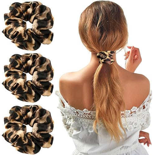 LUFFLOK 3 Stück Weich Haargummis Scrunchies Leoparden Haargummis Scrunchies | Satin Elastische Dicke Bänder für Damen und Mädchen, Pferdeschwanzhalter Frauen Haarschmuck (3 Stück)