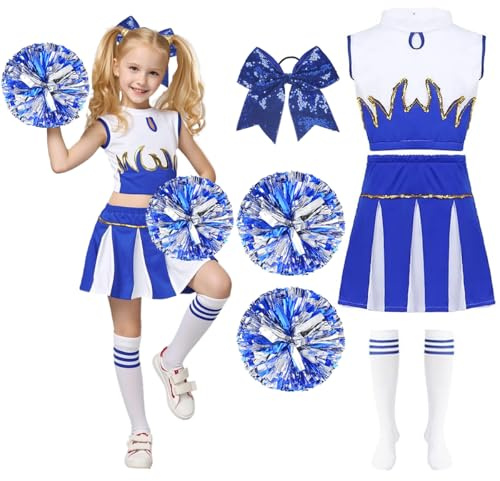 Cheerleader Kostüm Kinder, Cheerleading Kleid, Cheer Uniformen, Crop Tops, Rock, Pompons, Socken und Haarzubehör, Cheerleadering Outfit Mädchen, Kinder Cheer Outfit für Karneval, Mottoparty(Blau, 140)