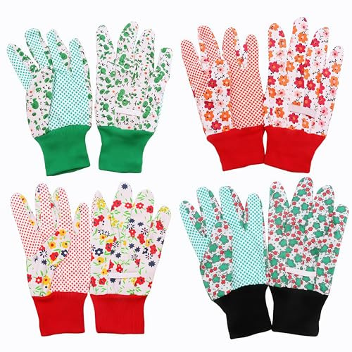 EYWILYWI 4 Pairs Cotton Gardening Gloves for Women/Ladies, Floral Non-Slip Thorn Proof Breathable Comfortable with Elastic Cuffs, Garden Work Gloves for Yard Cleaning Camping (Multicolor)