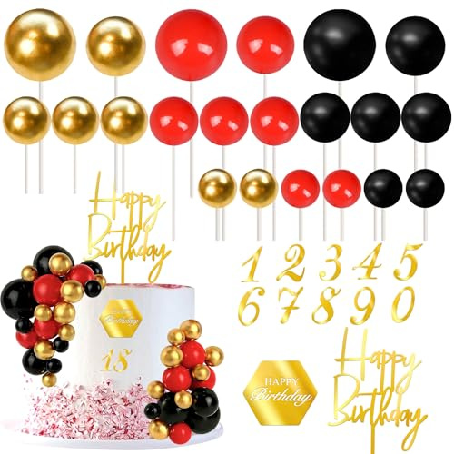 48 Stück Kugeln Tortendeko Acryl Zahl 0-9 Kuchen Deko 3D DIY Runde Kugel Cupcake Toppers Happy Birthday Cake Topper für Hochzeit Geburtstag Jahrestag Party Kuchen Dekorationen Schwarz Gold Rot