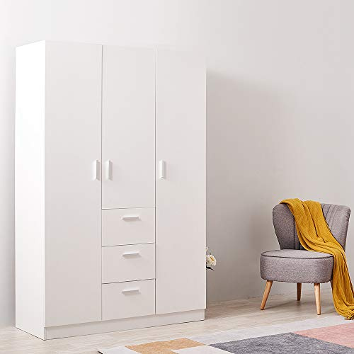 Panana Large Wardrobe 3 Door 3 Drawer Wardrobe Shelf & Hanging Rail Wooden Bedroom Storage Furniture (White)