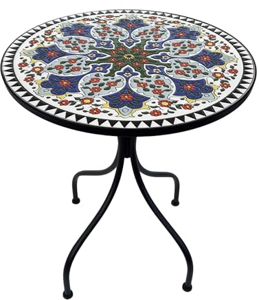 Cre Cra Rund mosaik trädgårdsbord, 60 x 70 cm, mosaik balkongbord, utomhus runt bord för balkong, terrass, trädgård