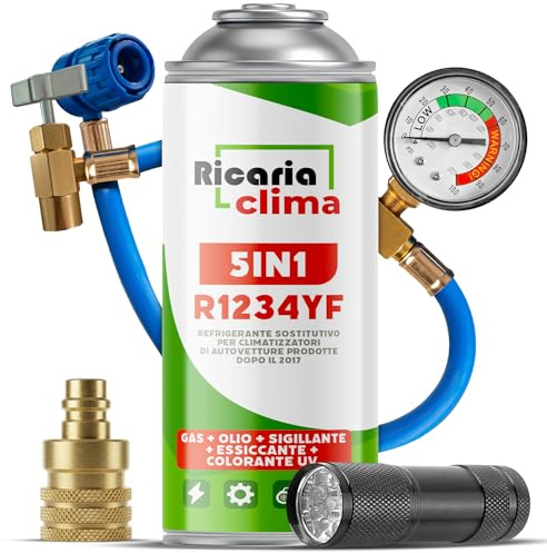 Ricaria Clima - 5in1 R1234yf – Air Conditioning Recharge for Car Air Conditioning, Containing Oil + Hose and Adapter YF - Quick-Apply - Protects the Compressor - 235g per can + Flashlight