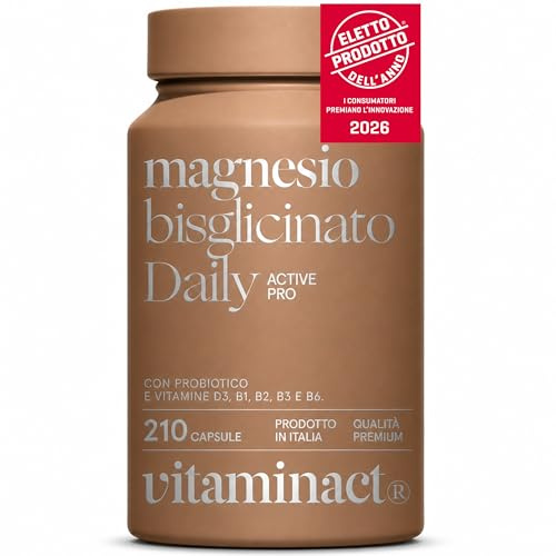 Magnesio Bisglicinato Daily Uomo Donna - Vincitore Prodotto Dell'anno 2026-210 Capsule - 500 MG di Magnesio Chelato a Capsula - Fornitura 7 Mesi - L'unico con Probiotico e Vitamine B1,B3,B6,B2 e D3