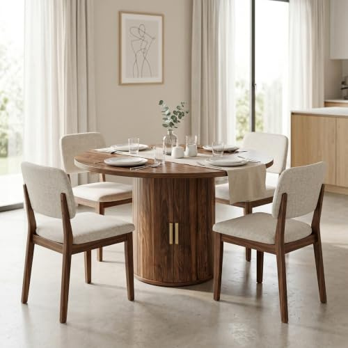 OOFAYJIA Runder Esstisch Ausziehbar,Holz Küchentisch für 4–6 Personen | Moderner Esszimmertisch mit zylindrischem Sockel,Walnussbraun (nur Tisch)