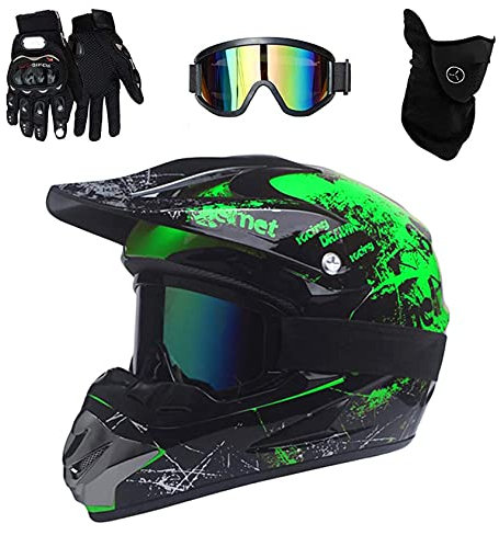 VOMI Mopedhelm Motocross Helm Herren, Serie HM-718 Motorradhelm Set Damen Fullface Motorrad DH Cross Offroad Enduro Mountainbike Helme mit Visier Brille Handschuhe Maske (Black Green M)