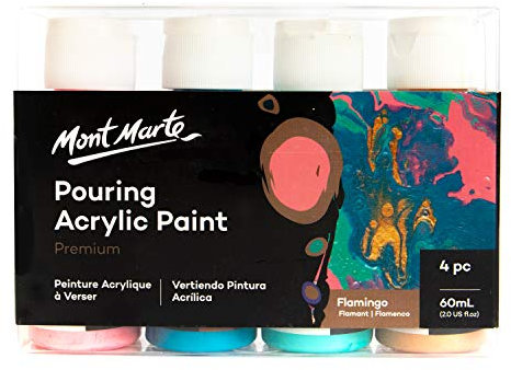 Mont Marte Pouring Set Flamingo – 4 Stück x 60ml – Acryl Pouring – Acrylfarben mit Pouring Medium vorgemischt – Rosa, Phthalo Türkis, Türkis, Roségold