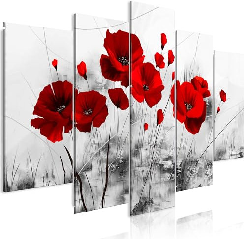 B&D XXL - Tableau décoratif moderne 225x112,5 cm - Impression sur toile colorée - Décoration murale pour salon et chambre - Cadre en Bois - Gris rouge - Coquelicot fleurs nature plantes 0107-5