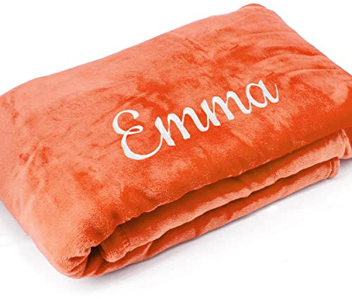Deitert Kuscheldecke XXL mit Namen oder Wunschtext Bestickt - extra große 220x180 cm gemütliche Sofadecke Wohndecke, weiches Fleece, personalisiertes Geschenk für Männer und Frauen - Orange