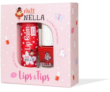 Miss Nella LUVVY WUVVY hypoallergener Lippenbalsam speziell für Kinder + Miss Nella STRAWBERRY ’N’ CREAM abziehbarer Nagellack speziell für Kinder